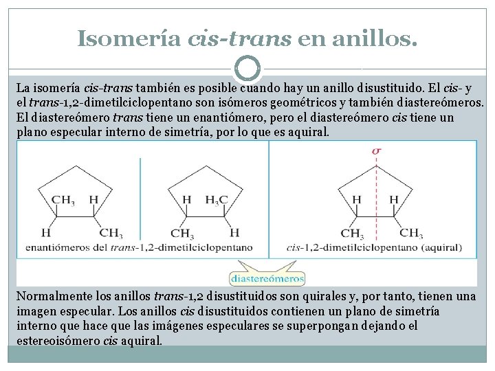Isomería cis-trans en anillos. La isomería cis-trans también es posible cuando hay un anillo Isomería cis-trans en anillos. La isomería cis-trans también es posible cuando hay un anillo