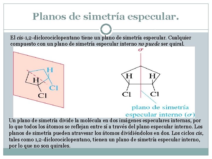 Planos de simetría especular. El cis-1, 2 -diclorociclopentano tiene un plano de simetría especular. Planos de simetría especular. El cis-1, 2 -diclorociclopentano tiene un plano de simetría especular.