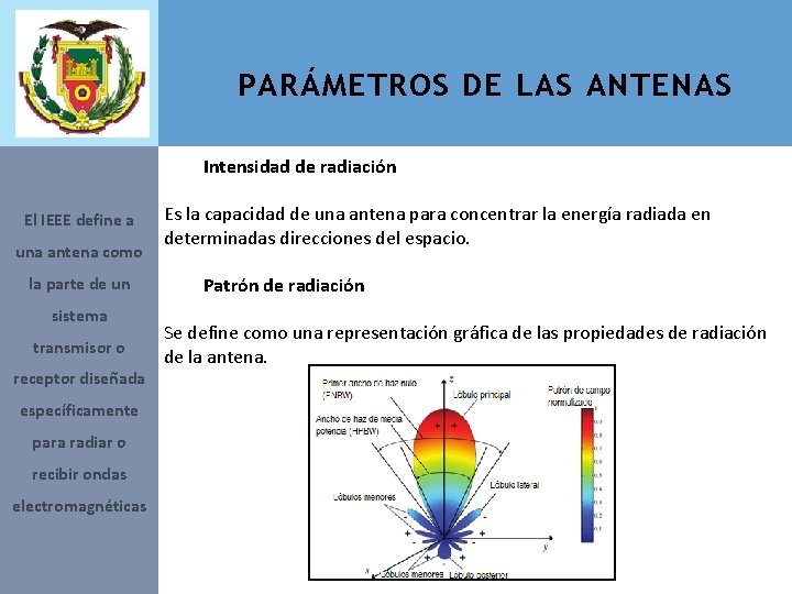PARÁMETROS DE LAS ANTENAS Intensidad de radiación El IEEE define a una antena como