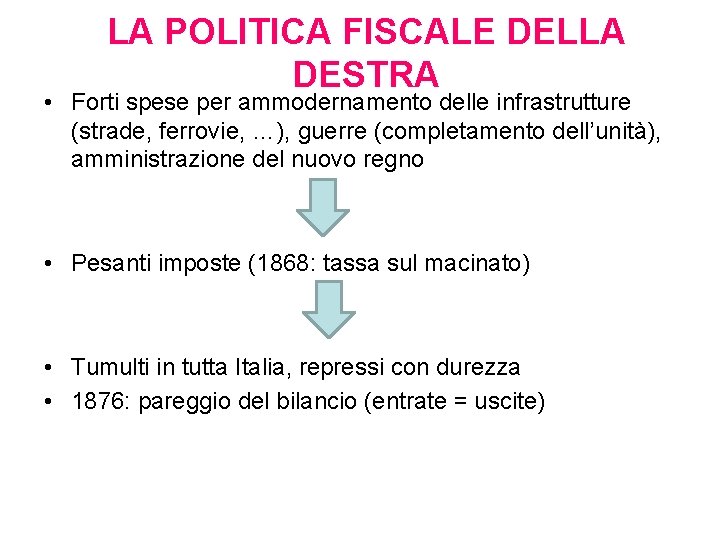 LA POLITICA FISCALE DELLA DESTRA • Forti spese per ammodernamento delle infrastrutture (strade, ferrovie,