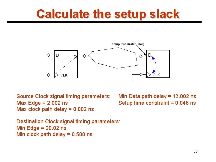 Calculate the setup slack Source Clock signal timing parameters: Max Edge = 2. 002