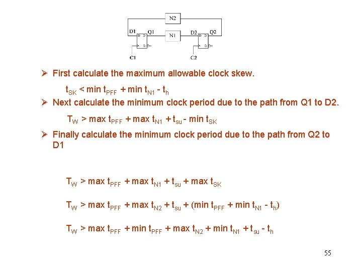 Ø First calculate the maximum allowable clock skew. t. SK < min t. PFF