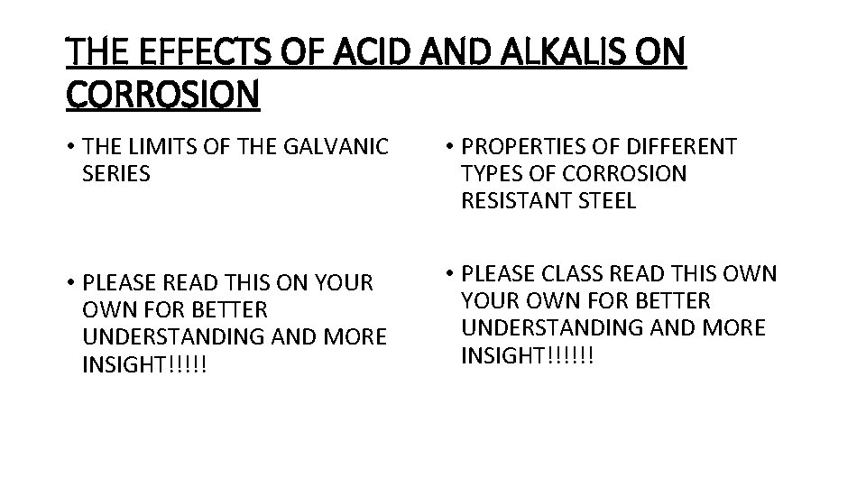 THE EFFECTS OF ACID AND ALKALIS ON CORROSION • THE LIMITS OF THE GALVANIC