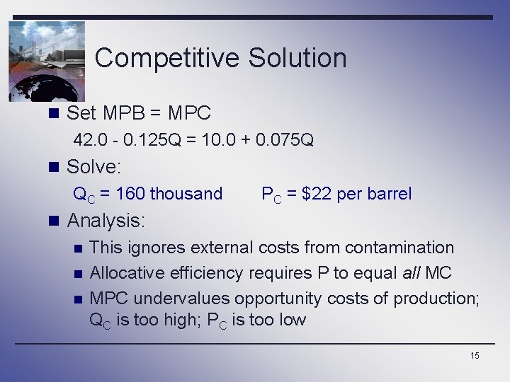 Competitive Solution n Set MPB = MPC 42. 0 - 0. 125 Q =