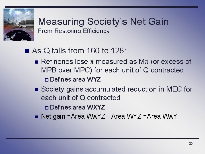 Measuring Society’s Net Gain From Restoring Efficiency n As Q falls from 160 to