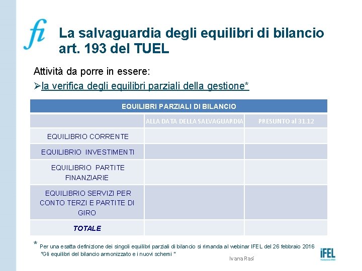 La salvaguardia degli equilibri di bilancio art. 193 del TUEL Attività da porre in