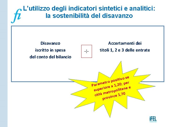 L’utilizzo degli indicatori sintetici e analitici: la sostenibilità del disavanzo Disavanzo iscritto in spesa