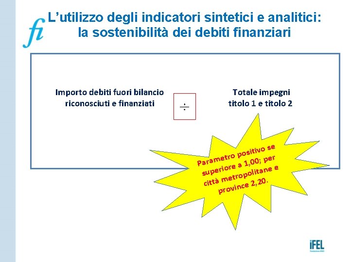 L’utilizzo degli indicatori sintetici e analitici: la sostenibilità dei debiti finanziari Importo debiti fuori