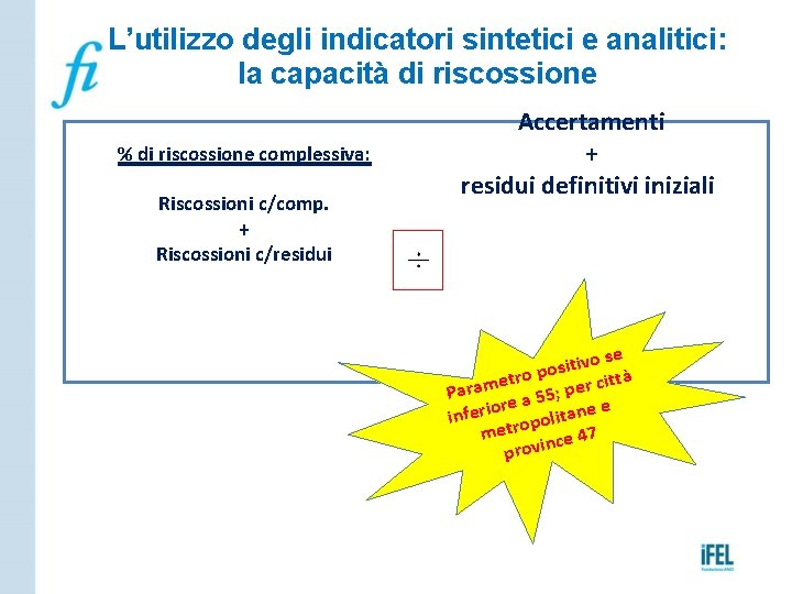 L’utilizzo degli indicatori sintetici e analitici: la capacità di riscossione % di riscossione complessiva: