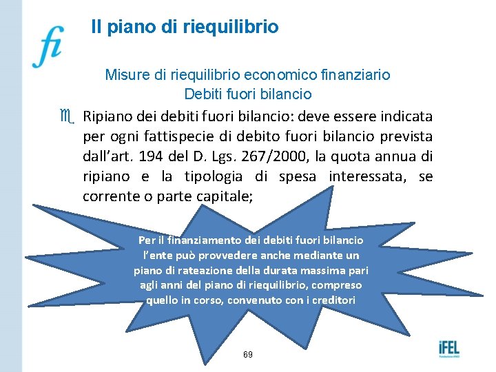 Il piano di riequilibrio Misure di riequilibrio economico finanziario Debiti fuori bilancio e Ripiano