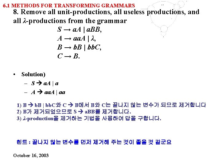 6. 1 METHODS FOR TRANSFORMING GRAMMARS 8. Remove all unit-productions, all useless productions, and