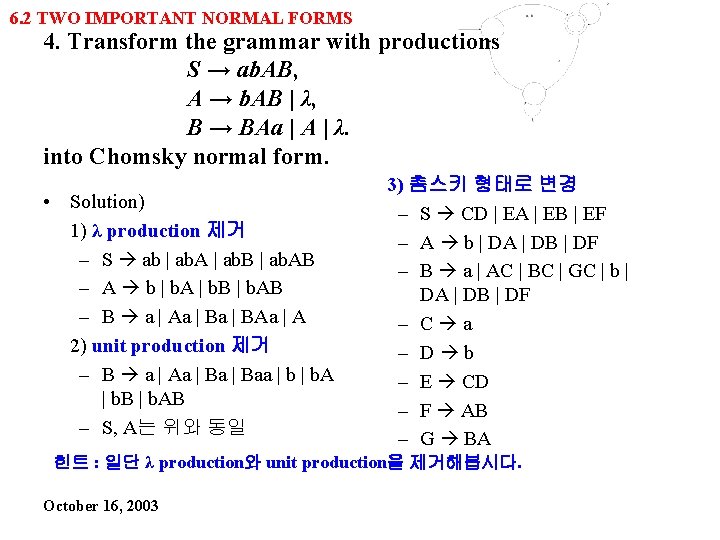 6. 2 TWO IMPORTANT NORMAL FORMS 4. Transform the grammar with productions S →