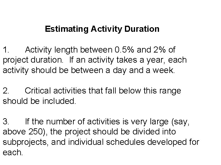 Estimating Activity Duration 1. Activity length between 0. 5% and 2% of project duration.