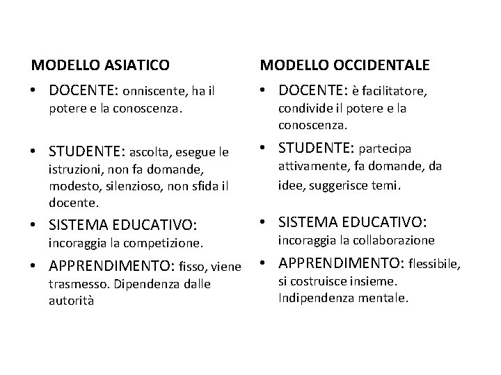 MODELLO ASIATICO MODELLO OCCIDENTALE • DOCENTE: onniscente, ha il • DOCENTE: è facilitatore, •