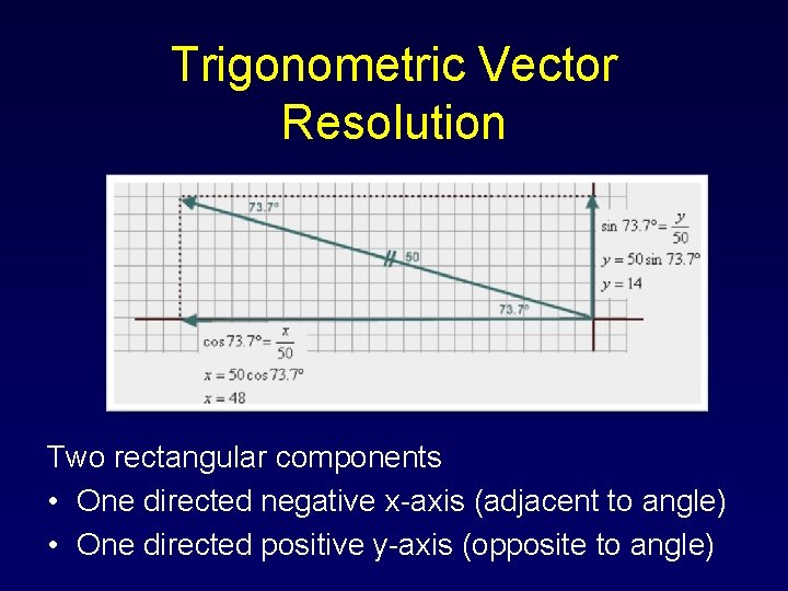 Trigonometric Vector Resolution Two rectangular components • One directed negative x-axis (adjacent to angle) Trigonometric Vector Resolution Two rectangular components • One directed negative x-axis (adjacent to angle)