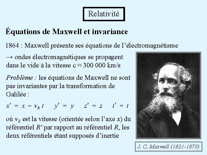 Relativité Équations de Maxwell et invariance 1864 : Maxwell présente ses équations de Relativité Équations de Maxwell et invariance 1864 : Maxwell présente ses équations de