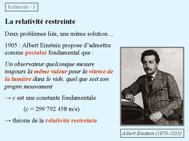  Relativité - 3 La relativité restreinte Deux problèmes liés, une même solution… 1905