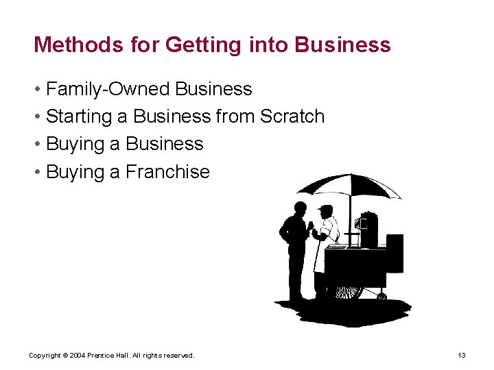 Methods for Getting into Business • Family-Owned Business • Starting a Business from Scratch