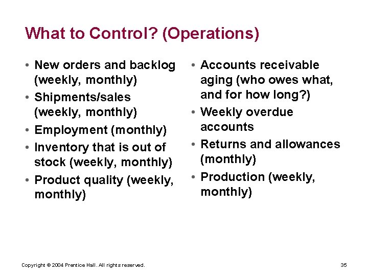 What to Control? (Operations) • New orders and backlog (weekly, monthly) • Shipments/sales (weekly,