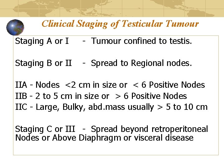 Clinical Staging of Testicular Tumour Staging A or I - Tumour confined to testis.