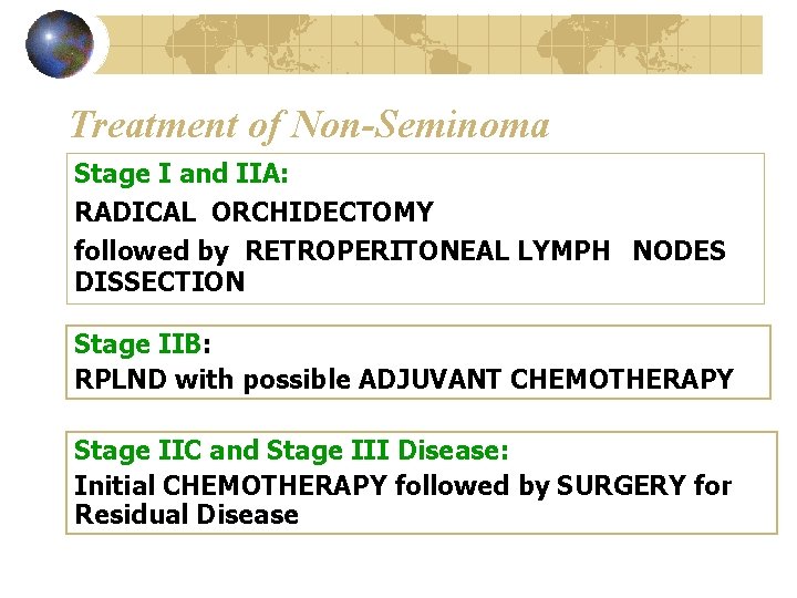 Treatment of Non-Seminoma Stage I and IIA: RADICAL ORCHIDECTOMY followed by RETROPERITONEAL LYMPH NODES