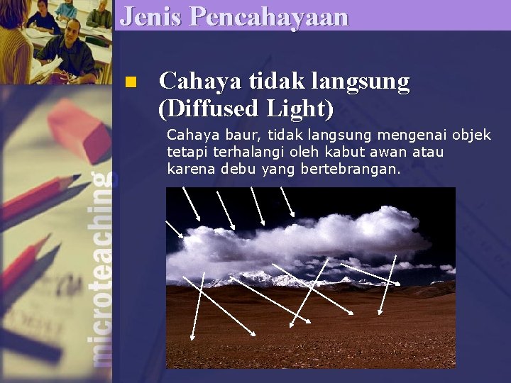 Jenis Pencahayaan n Cahaya tidak langsung (Diffused Light) Cahaya baur, tidak langsung mengenai objek