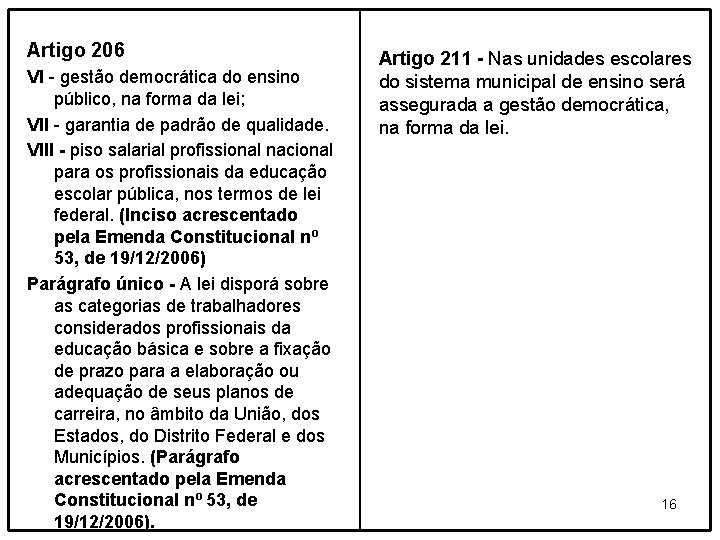 Artigo 206 VI - gestão democrática do ensino público, na forma da lei; VII