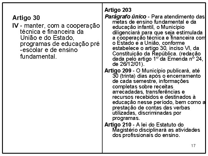 Artigo 203 Parágrafo único - Para atendimento das Artigo 30 metas de ensino fundamental