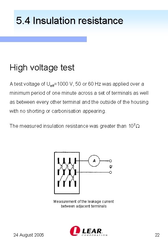 5. 4 Insulation resistance High voltage test A test voltage of Ueff=1000 V, 50
