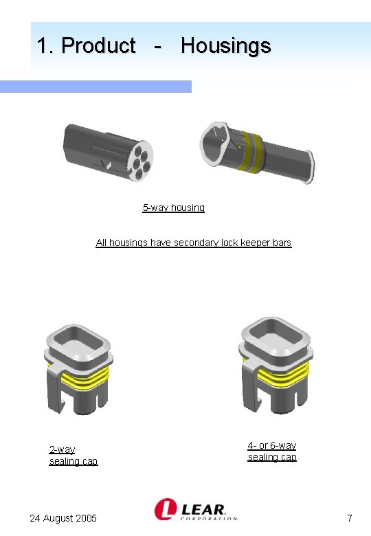 1. Product - Housings 5 -way housing All housings have secondary lock keeper bars