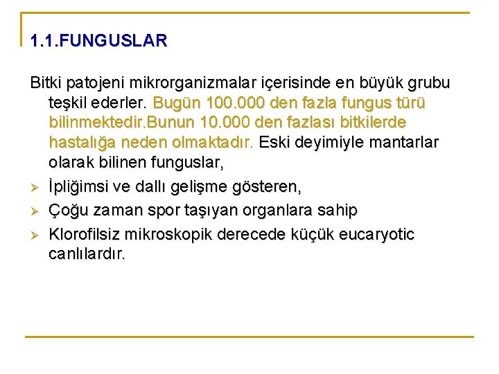 1. 1. FUNGUSLAR Bitki patojeni mikrorganizmalar içerisinde en büyük grubu teşkil ederler. Bugün 100.