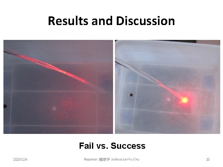 Results and Discussion Fail vs. Success 2020/12/4 Reporter: 儲君宇 Joshua Jun-Yu Chu 20 