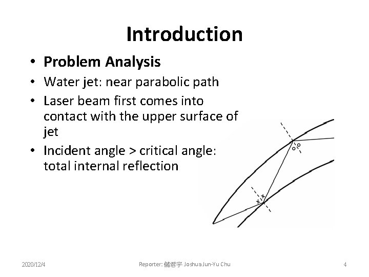 Introduction • Problem Analysis • Water jet: near parabolic path • Laser beam first