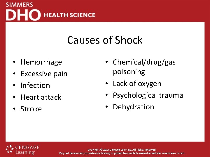 Causes of Shock • • • Hemorrhage Excessive pain Infection Heart attack Stroke •