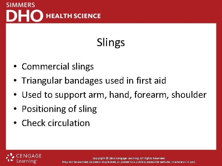Slings • • • Commercial slings Triangular bandages used in first aid Used to