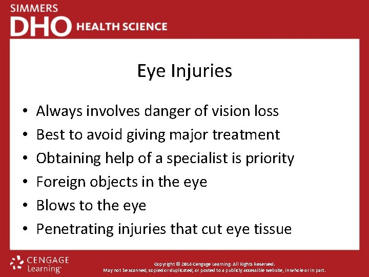 Eye Injuries • • • Always involves danger of vision loss Best to avoid