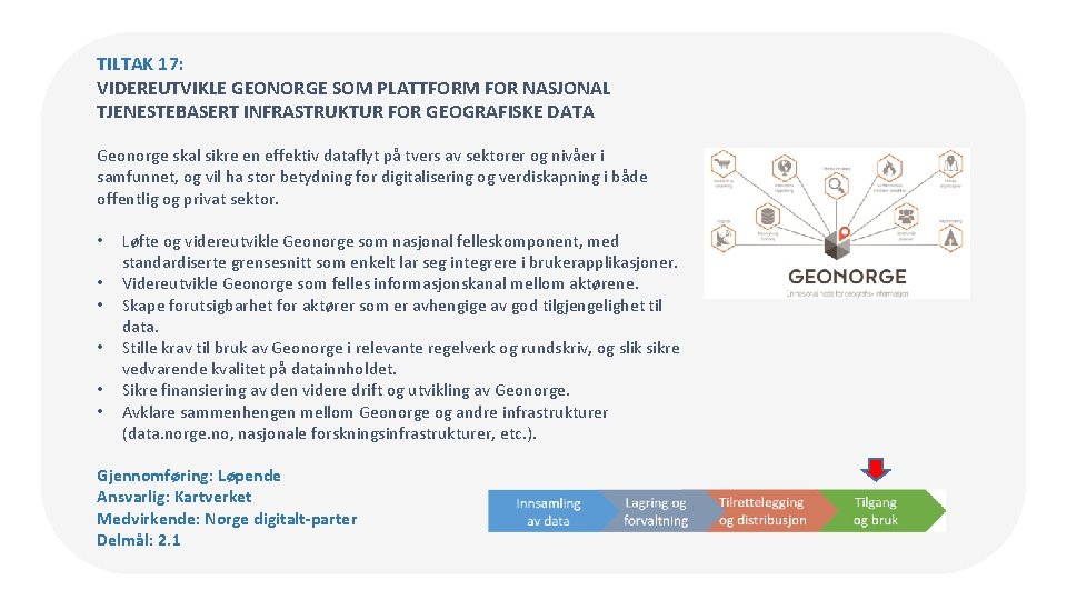 TILTAK 17: VIDEREUTVIKLE GEONORGE SOM PLATTFORM FOR NASJONAL TJENESTEBASERT INFRASTRUKTUR FOR GEOGRAFISKE DATA Geonorge