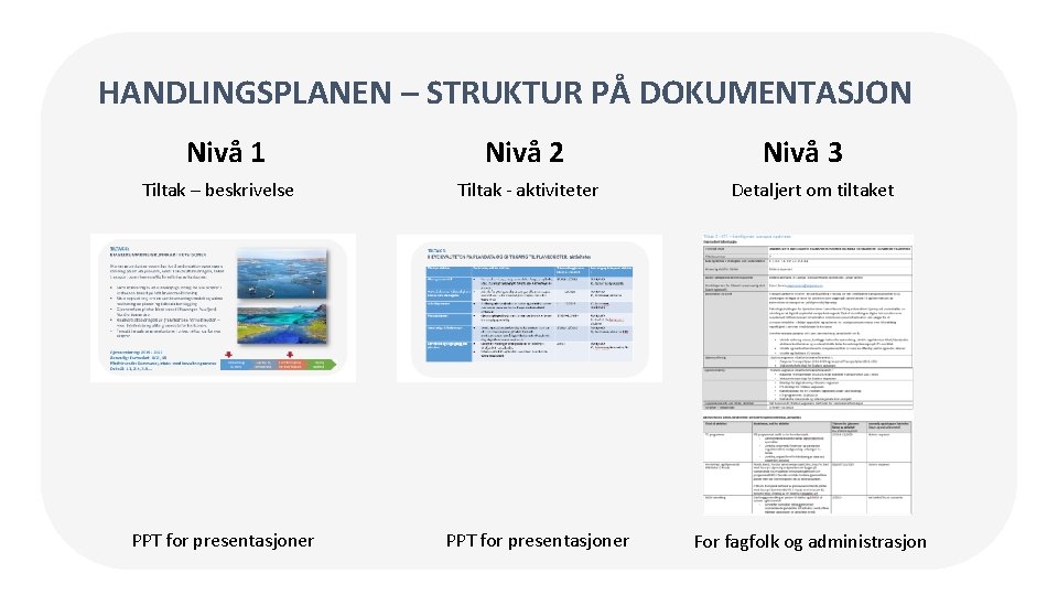 HANDLINGSPLANEN – STRUKTUR PÅ DOKUMENTASJON Nivå 1 Tiltak – beskrivelse PPT for presentasjoner Nivå