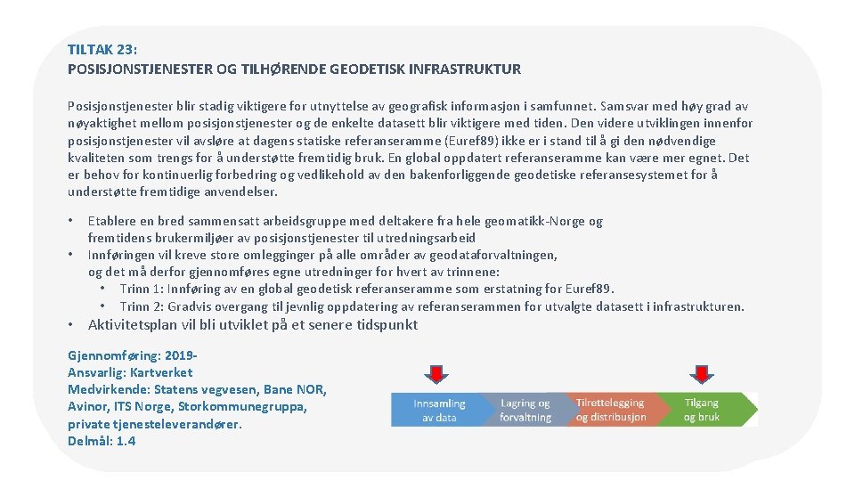 TILTAK 23: POSISJONSTJENESTER OG TILHØRENDE GEODETISK INFRASTRUKTUR Posisjonstjenester blir stadig viktigere for utnyttelse av