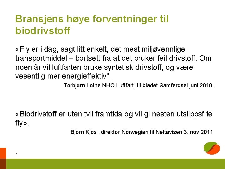 Bransjens høye forventninger til biodrivstoff «Fly er i dag, sagt litt enkelt, det mest