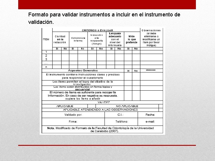 Formato para validar instrumentos a incluir en el instrumento de validación. 