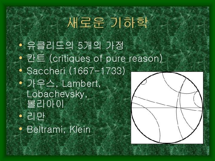 새로운 기하학 • • 유클리드의 5개의 가정 칸트 (critiques of pure reason) Saccheri (1667
