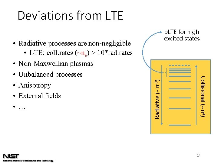 Deviations from LTE Radiative (~n-3) Collisional (~n 4) • Radiative processes are non-negligible •