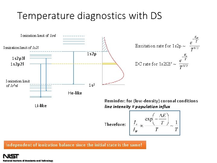 Temperature diagnostics with DS Ionization limit of 1 snl Excitation rate for 1 s
