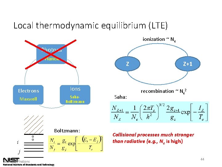 Local thermodynamic equilibrium (LTE) ionization ~ Ne Photons Planck Z Electrons Ions Maxwell Saha.