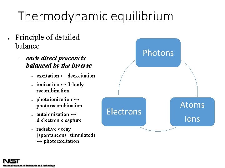 Thermodynamic equilibrium ● Principle of detailed balance – Photons each direct process is balanced
