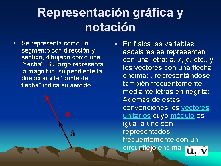 Representación gráfica y notación • Se representa como un segmento con dirección y sentido,