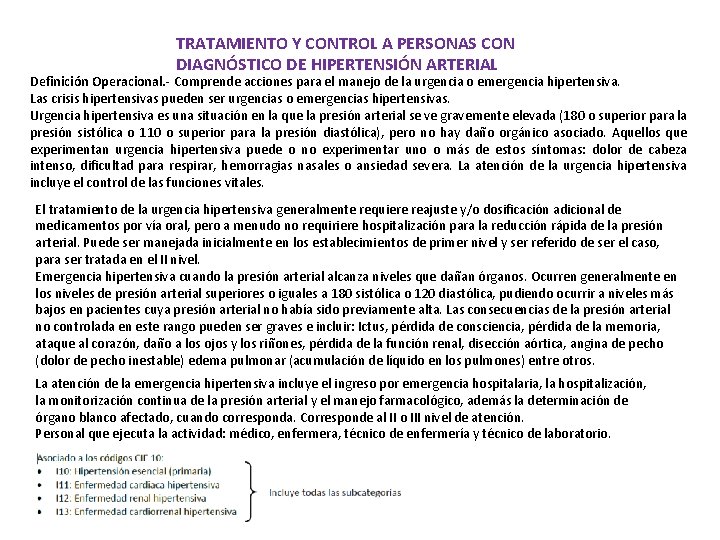 TRATAMIENTO Y CONTROL A PERSONAS CON DIAGNÓSTICO DE HIPERTENSIÓN ARTERIAL Definición Operacional. - Comprende