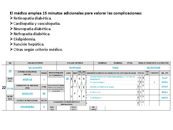 El médico emplea 15 minutos adicionales para valorar las complicaciones: ØRetinopatía diabética. ØCardiopatía y