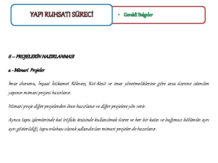 YAPI RUHSATI SÜRECİ • Gerekli Belgeler 6 – PROJELERİN HAZIRLANMASI a - Mimari Projeler